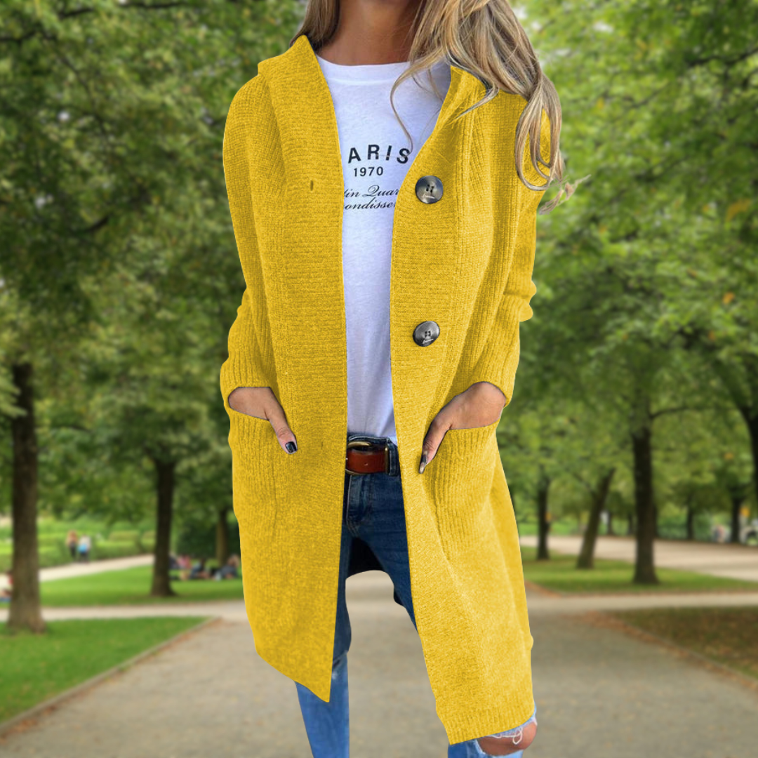 Élodie | Gilet long à capuche et gros boutons