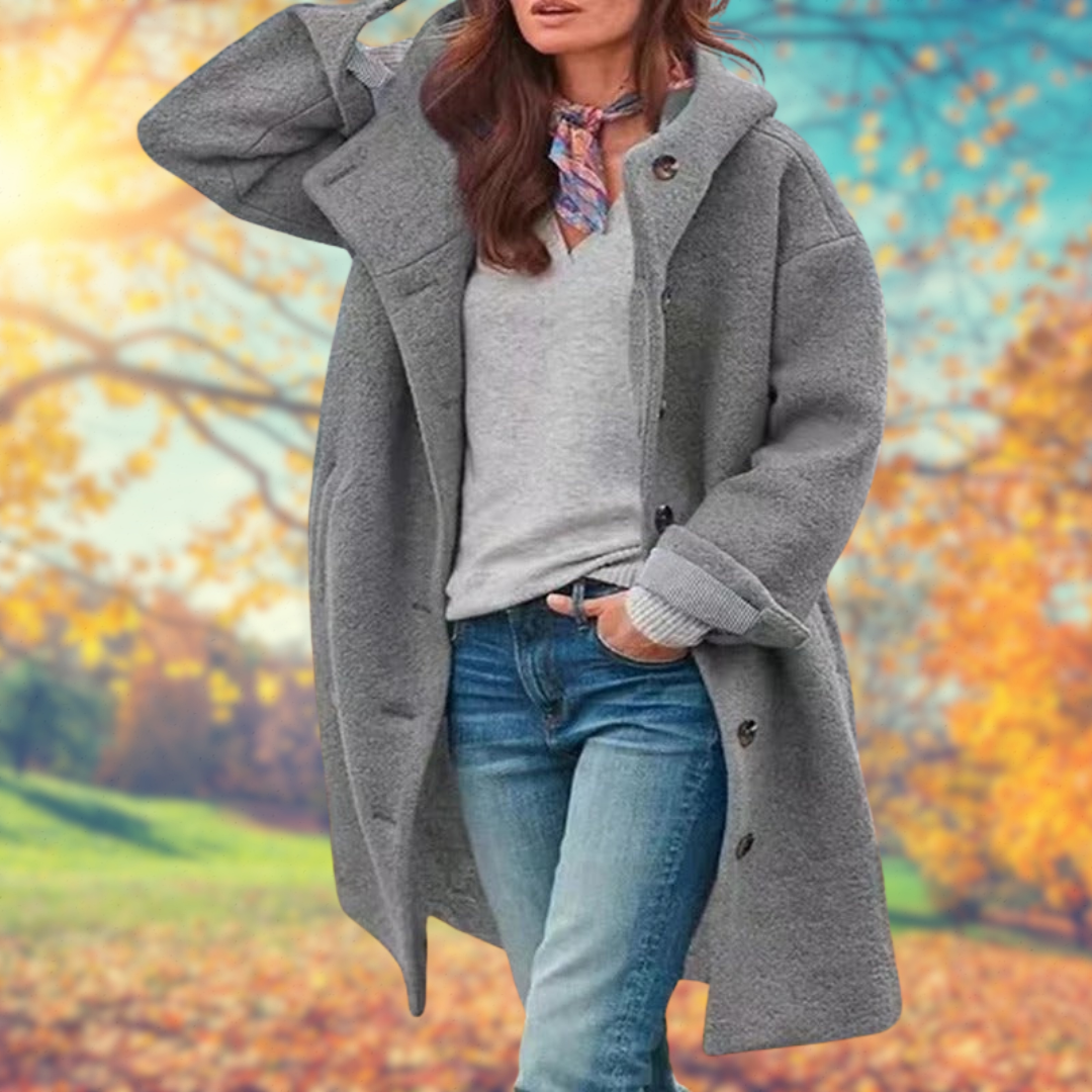 Françoise | Manteau long à capuche femme avec boutonnage frontal