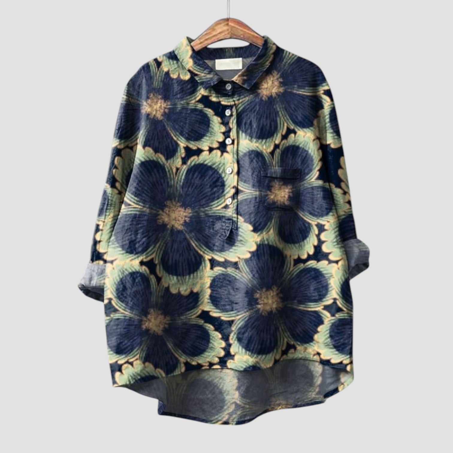 Adelina | chemise oversize avec grandes fleurs bleu nuit
