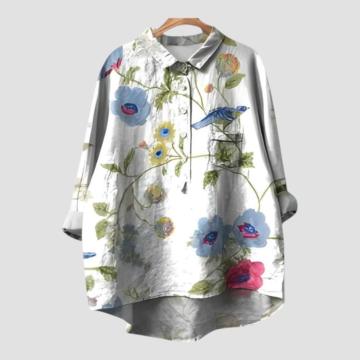 Fiorella | Chemise oversize à fleurs et oiseau bleu