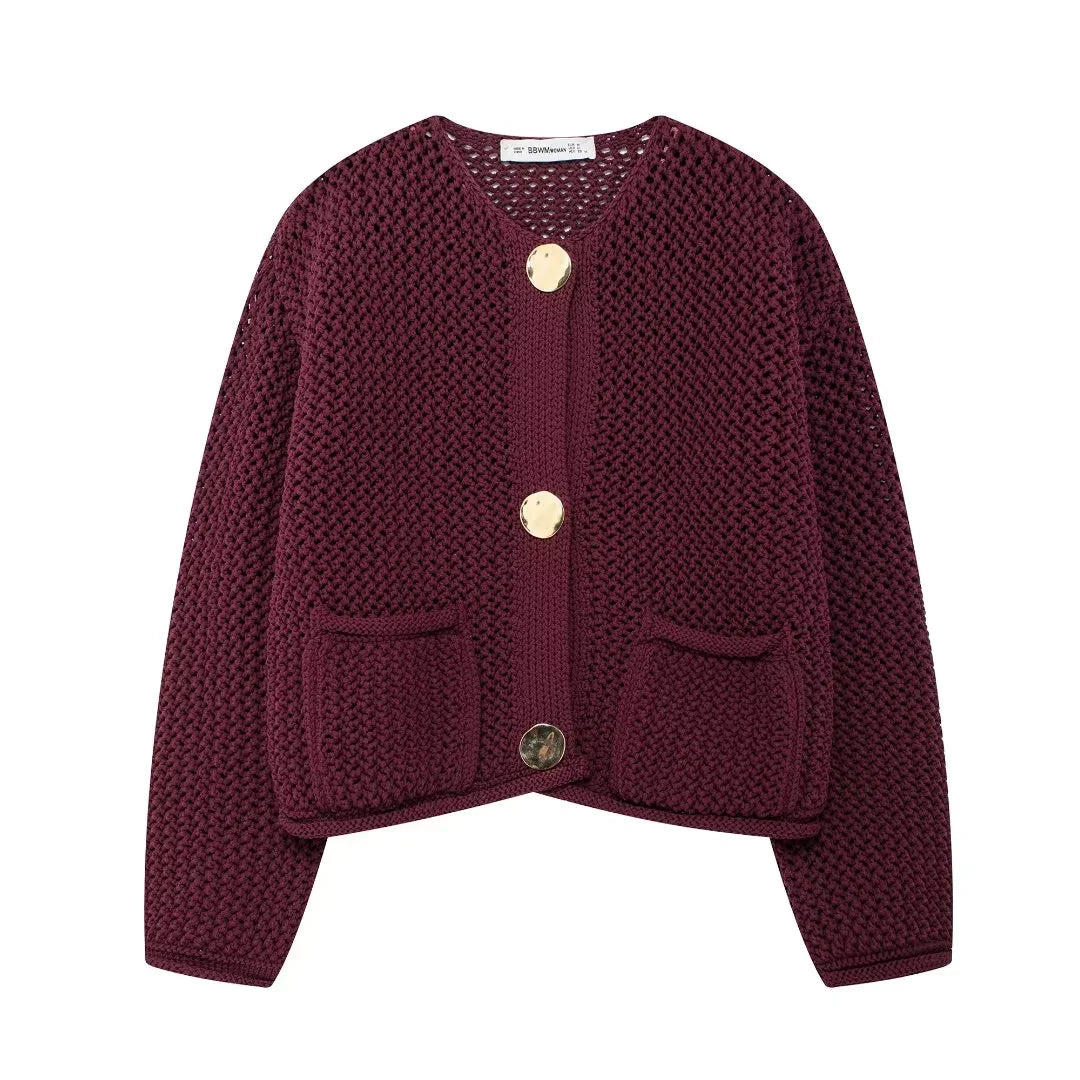 Violette | Veste en maille avec boutons dorés