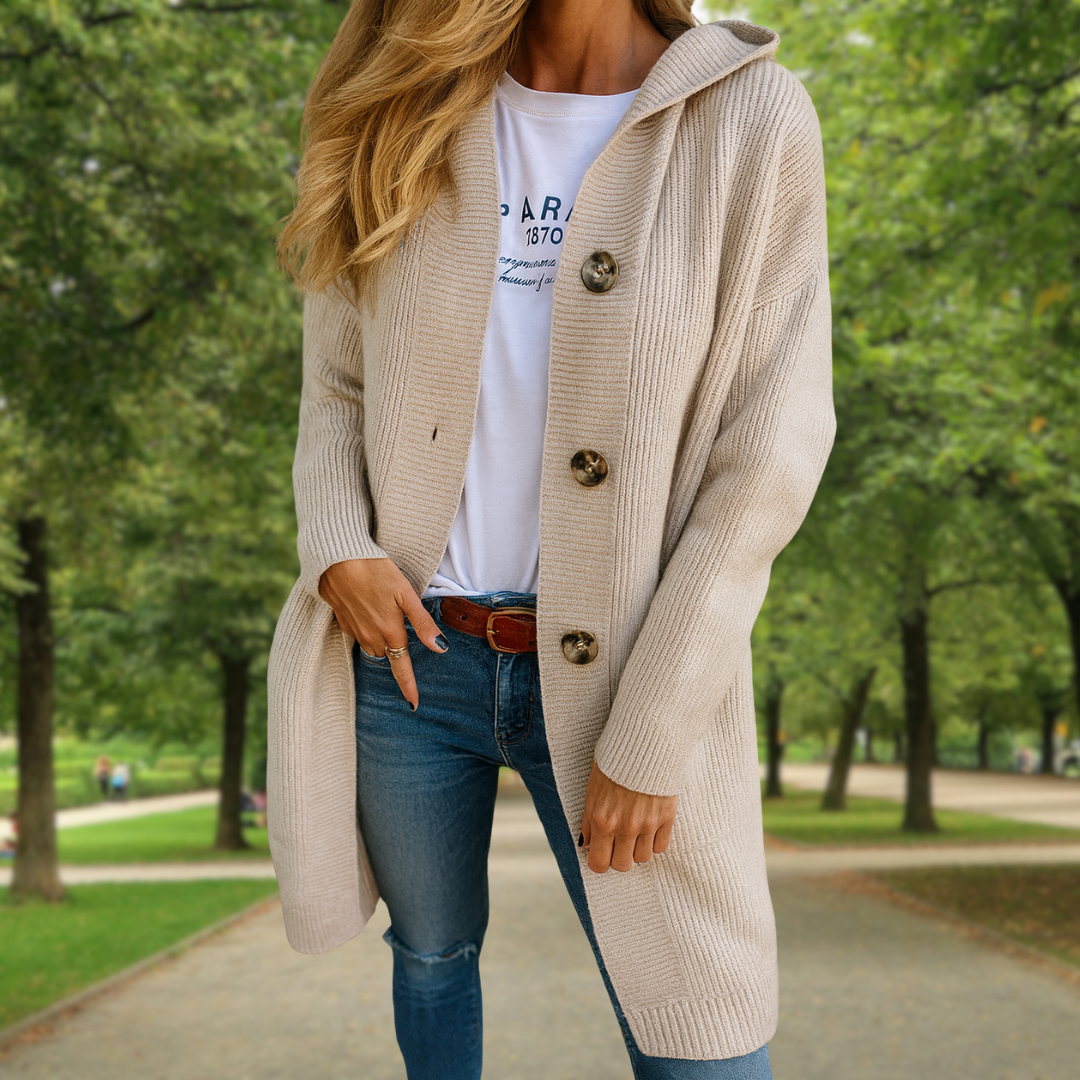 Élodie | Gilet long à capuche et gros boutons