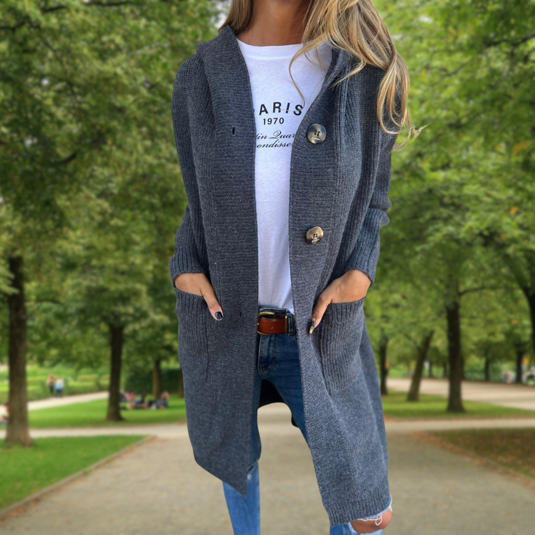 Élodie | Gilet long à capuche et gros boutons