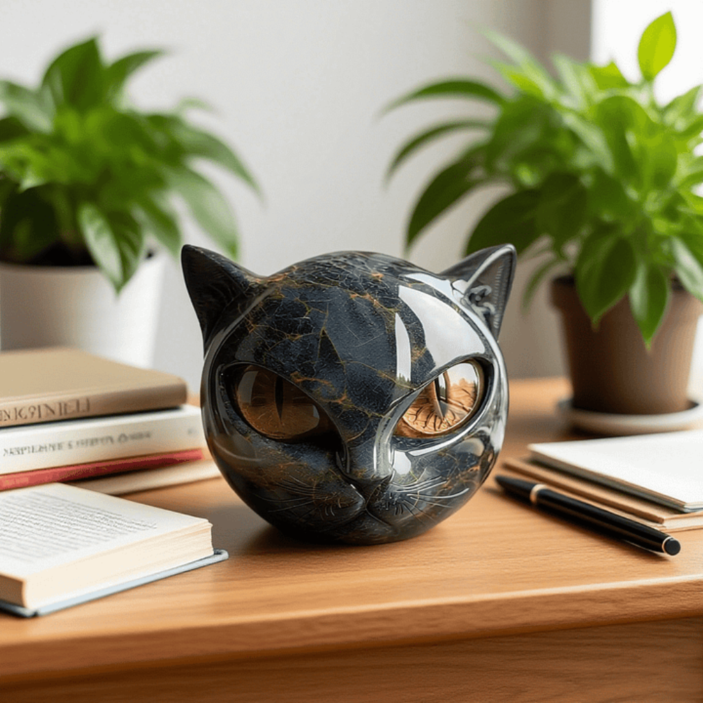 Mystara | Sculpture de tête de chat noir mystique