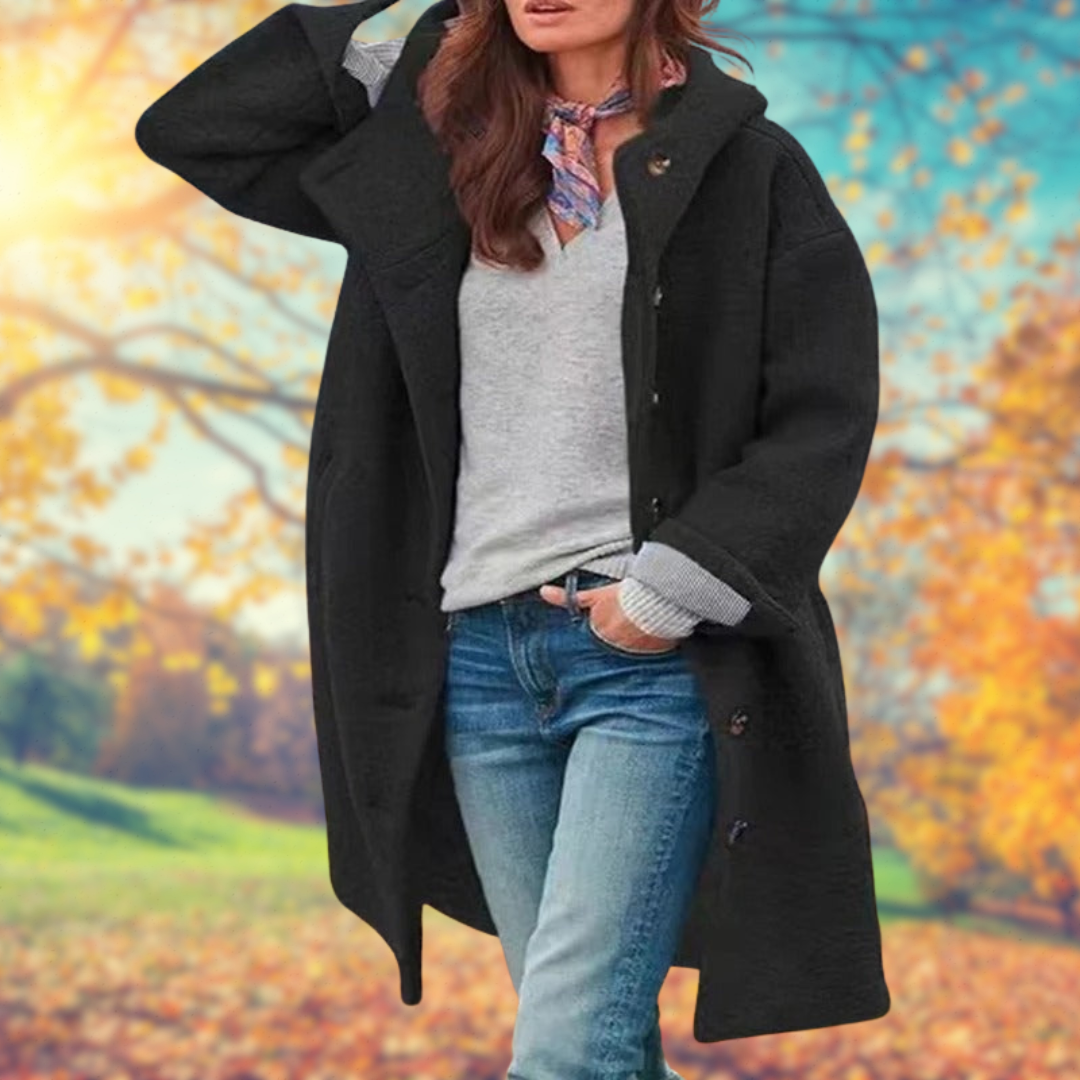 Françoise | Manteau long à capuche femme avec boutonnage frontal