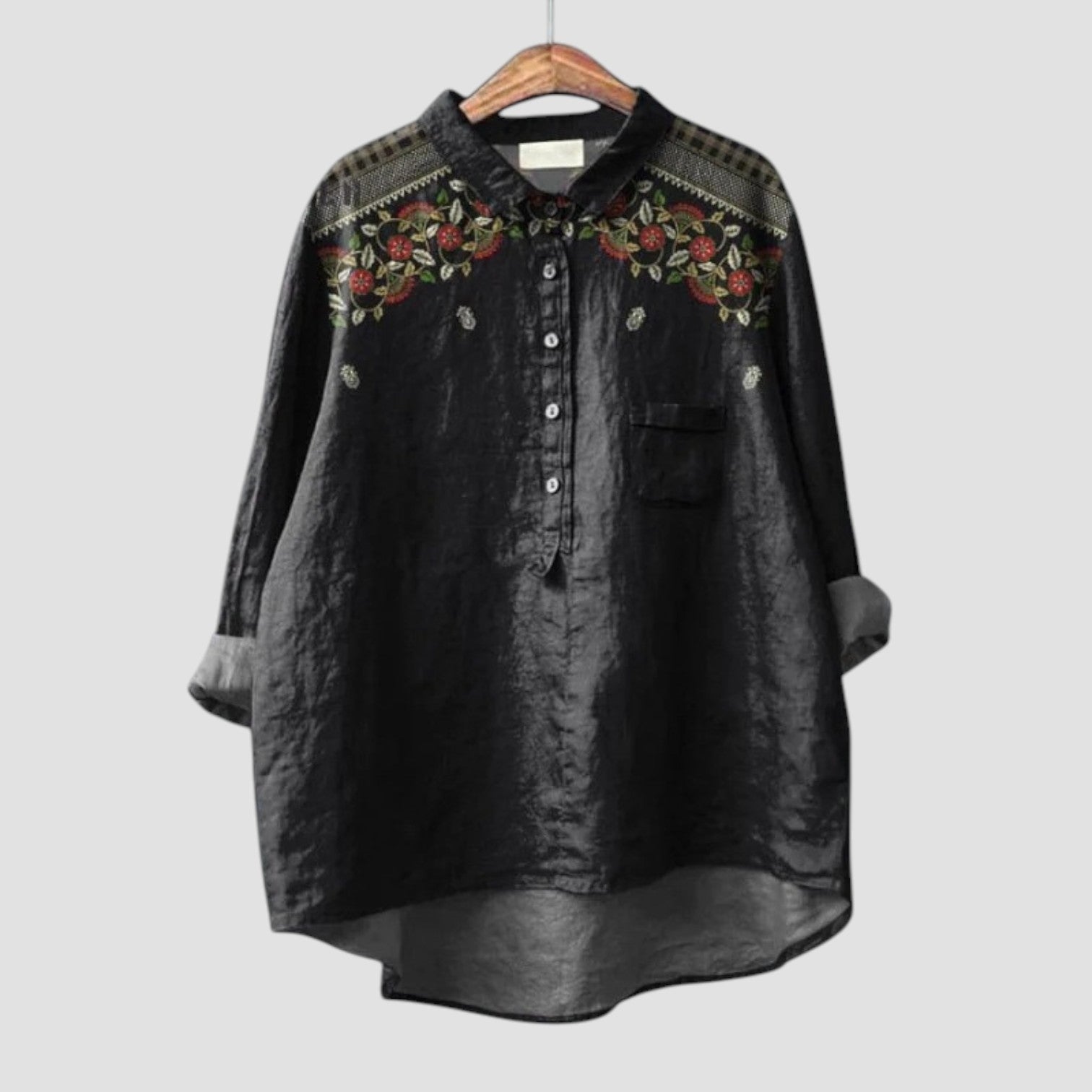 Carina | Chemise oversize noire avec broderies florales