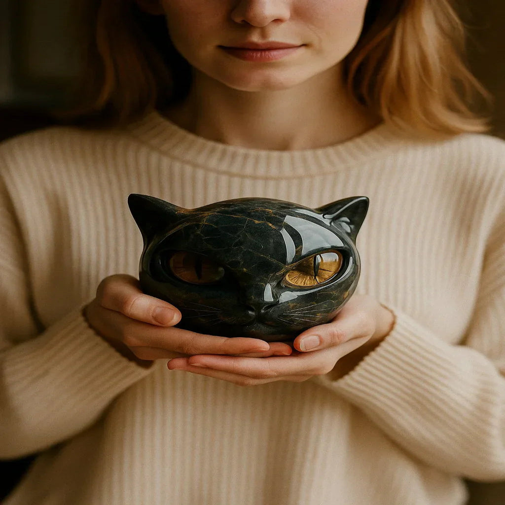 Mystara | Sculpture de tête de chat noir mystique